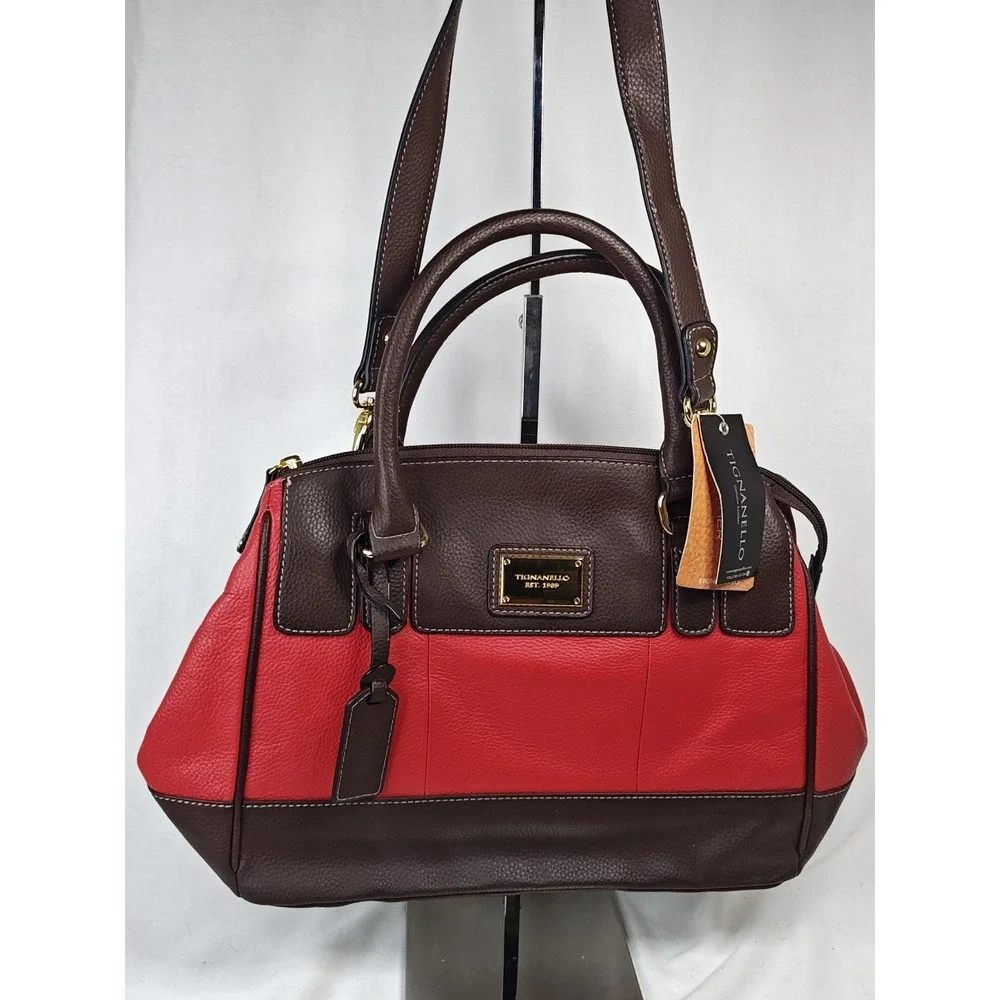 NWT Tignanello Social Status Satchel Leather Handbag Red Brown Shoulder Strap